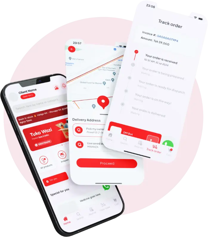 Screens of the Dawa Mkononi app showing ordering, delivery address and order tracking